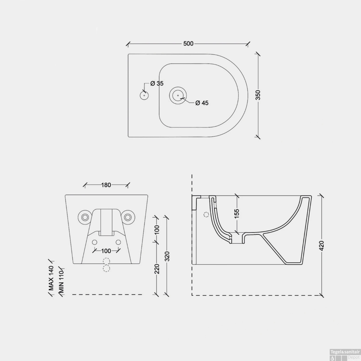 Bidet Salenzi Form Square Glanzend Wit (exclusief Kraan) - Afbeelding 3
