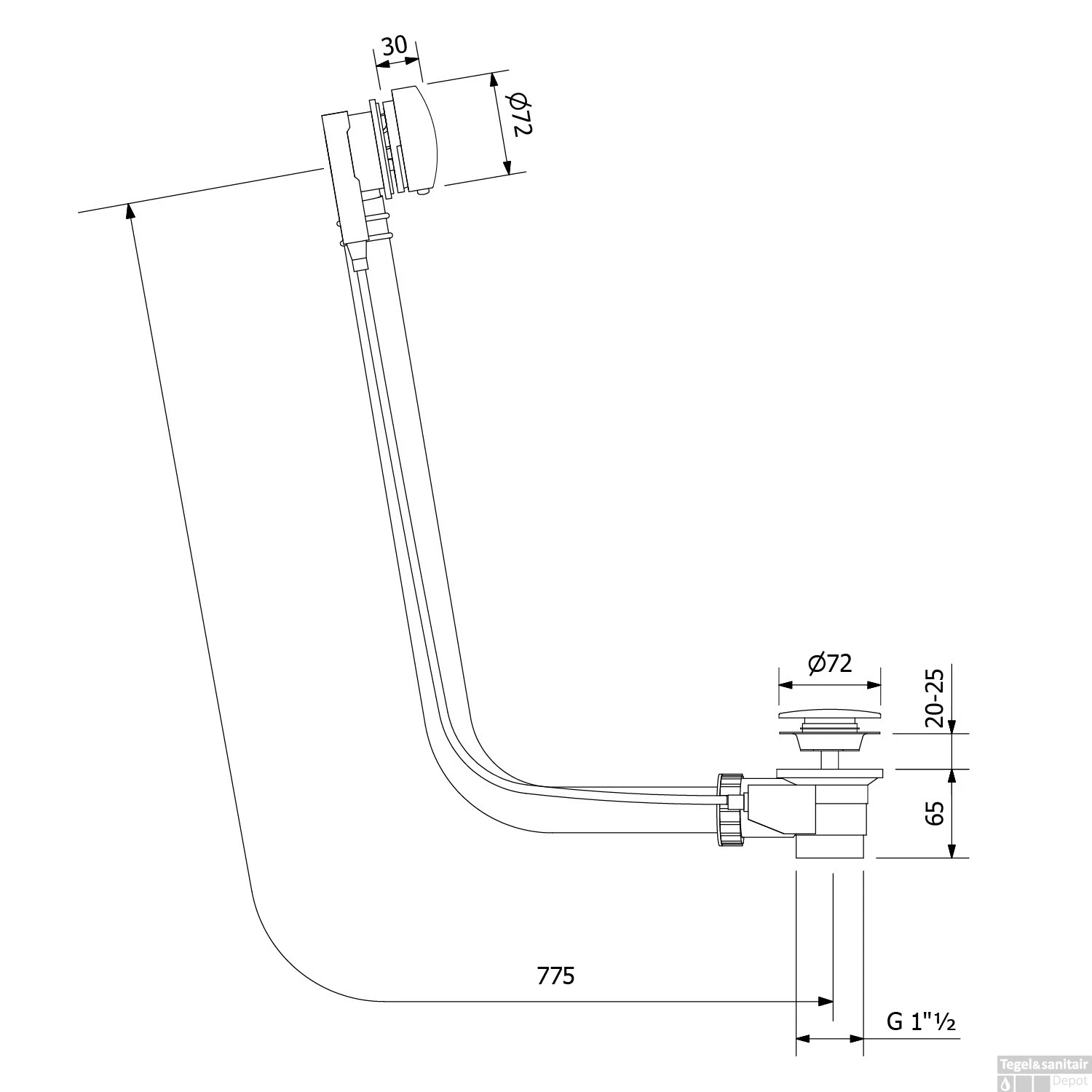 Badafvoercombinatie Polysan Marble Met Waste 775 Mm Plug 72 Mm Wit - Afbeelding 3