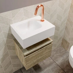 MONDIAZ ANDOR 40cm Toiletmeubel Light Brown Grey. LEX 40cm Wastafel Talc Links 1 Kraangat -Geberiter Meubels Geschaft badkamermeubel andor light brown grey model lex vrijhangend talc sidetop 00005