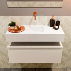 MONDIAZ ANDOR 80cm Toiletmeubel Linen. LEX 80cm Wastafel Talc Midden Geen Kraangat -Geberiter Meubels Geschaft badkamermeubel andor linen model lex vrijhangend talc front 0014