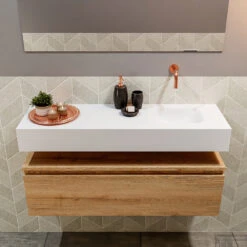 MONDIAZ ANDOR 100cm Toiletmeubel Washed Oak. LEX 100cm Wastafel Talc Rechts Geen Kraangat -Geberiter Meubels Geschaft badkamermeubel andor washed oak model lex vrijhangend talc front 00030