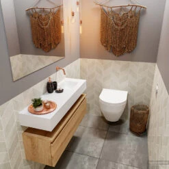 MONDIAZ ANDOR 100cm Toiletmeubel Washed Oak. LEX 100cm Wastafel Talc Rechts Geen Kraangat -Geberiter Meubels Geschaft badkamermeubel andor washed oak model lex vrijhangend talc side 00030