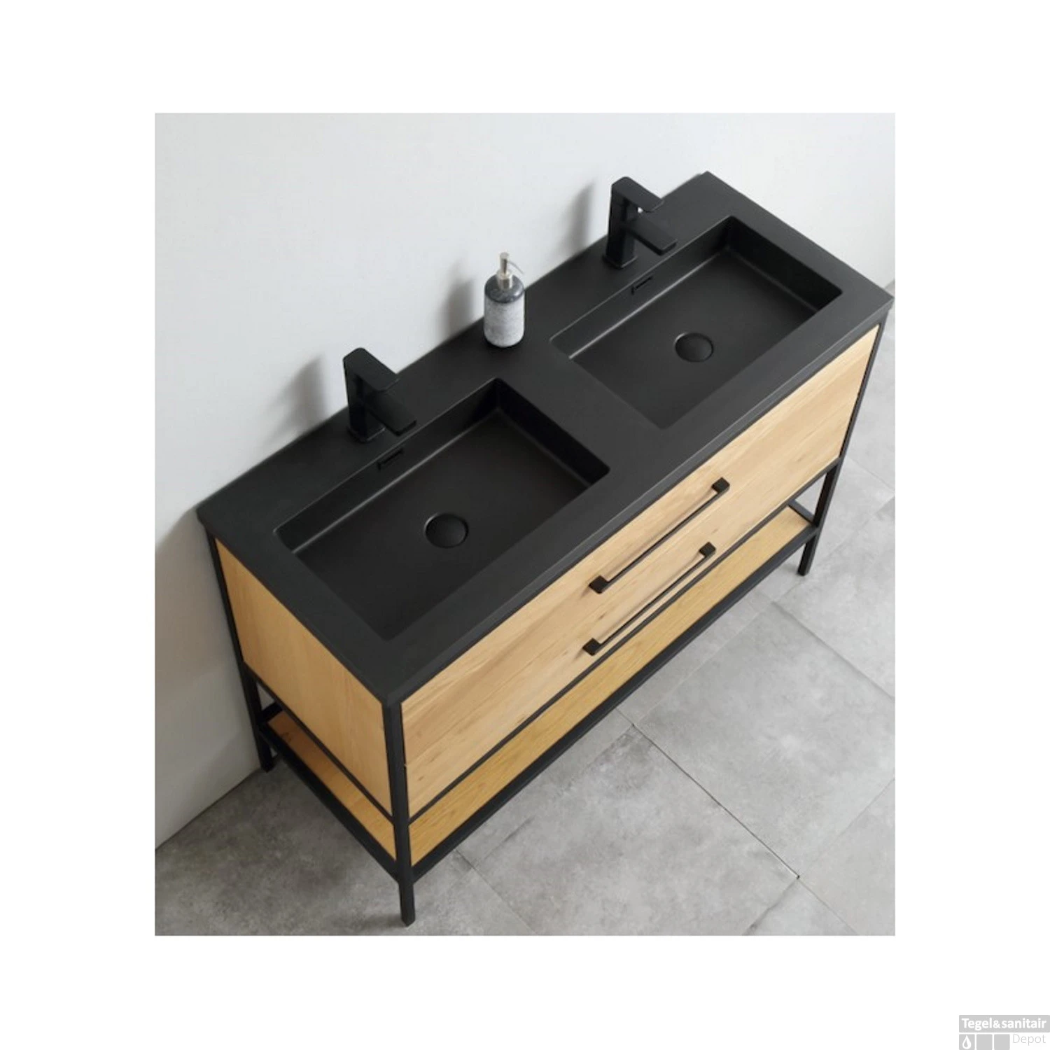 Badkamermeubel Casajoy Miami 120x46x90cm Eiken Met Artificial Stone Wastafel Zwart 4 Badkamermeubel Casajoy Miami 120x46x90cm Eiken Met Artificial Stone Wastafel Zwart - Afbeelding 2