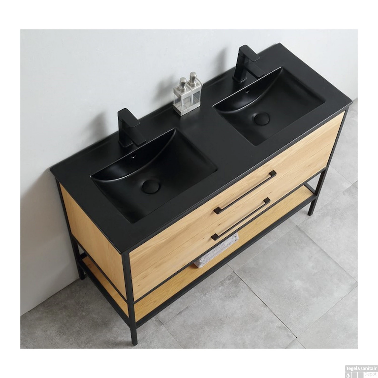 Badkamermeubel Casajoy Miami 120x46x90cm Eiken Met Keramieken Wastafel Zwart 4 Badkamermeubel Casajoy Miami 120x46x90cm Eiken Met Keramieken Wastafel Zwart - Afbeelding 2