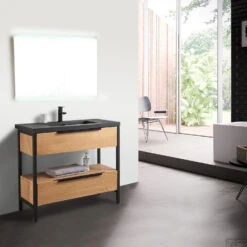 Badkamermeubel Casajoy Texas 100x46x90cm Eiken Met Artificial Stone Wastafel Zwart