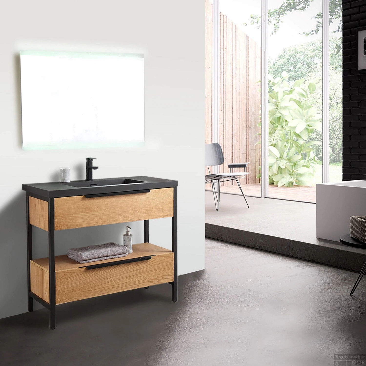 Badkamermeubel Casajoy Texas 100x46x90cm Eiken Met Artificial Stone Wastafel Zwart 3 Badkamermeubel Casajoy Texas 100x46x90cm Eiken Met Artificial Stone Wastafel Zwart