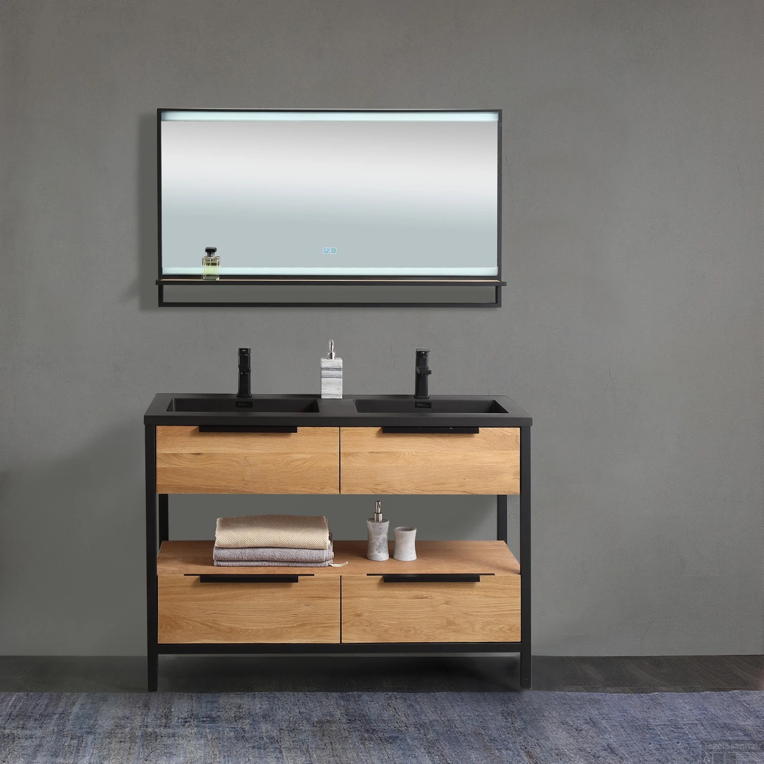 Badkamermeubel Casajoy Texas 120x46x90cm Eiken Met Artificial Stone Wastafel Zwart 3 Badkamermeubel Casajoy Texas 120x46x90cm Eiken Met Artificial Stone Wastafel Zwart