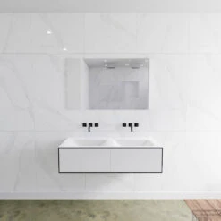 Badkamermeubelset Mondiaz LAGOM 120 Cm Dubbele Wastafel Solid Surface Zonder Kraangaten Mat Zwart (2 Laden)