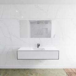 MONDIAZ LAGOM 140 Badmeubel Solid Surface Urban 1 Lade CLOUD Midden 1 Kraangat