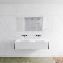 Badkamermeubelset Mondiaz LAGOM 140 Cm Dubbele Wastafel Solid Surface Zonder Kraangaten Mat Zwart (1 Lade)