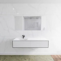 Badkamermeubelset Mondiaz LAGOM 150 Cm Linkse Wastafel Solid Surface Met 1 Kraangat Mat Zwart (2 Laden)