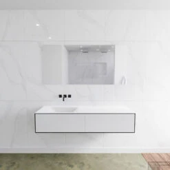 Badkamermeubelset Mondiaz LAGOM 150 Cm Linkse Wastafel Solid Surface Zonder Kraangaten Mat Zwart (2 Laden)