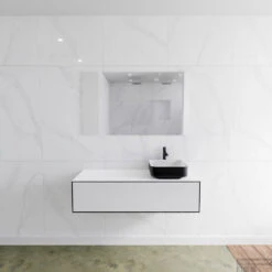 Badkamermeubelset Mondiaz LAGOM 120 Cm Topblad Met Rechtse Wastafel Solid Surface Opzetkom Binx Met 1 Kraangaten Mat Zwart (2 Laden)