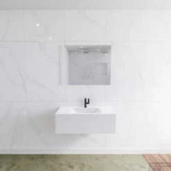 MONDIAZ LAGOM 90 Badmeubel Solid Surface Talc 1 Lade CLOUD Midden 1 Kraangat -Geberiter Meubels Geschaft badkamermeubel met solid surface wastafel model lagom front white 00018