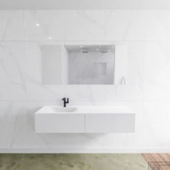 Badkamermeubelset Mondiaz LAGOM 150 Cm Linkse Waskom Solid Surface Met 1 Kraangat Mat Wit (2 Laden)