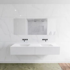 Badkamermeubelset Mondiaz LAGOM 180 Cm Dubbele Waskom Solid Surface Zonder Kraangaten Mat Wit (2 Laden)