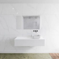 Badkamermeubelset Mondiaz LAGOM 130 Cm Met Topblad Rechtse Wastafel Solid Surface Opzetkom Binx Zonder Kraangaten Mat Wit (1 Lade)