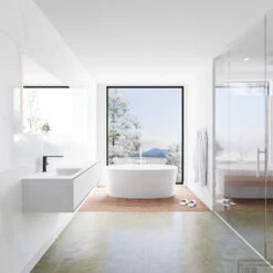 Badkamermeubelset Mondiaz LAGOM 150 Cm Linkse Wastafel Solid Surface Met 1 Kraangat Mat Zwart (2 Laden) -Geberiter Meubels Geschaft badkamermeubel met solid surface wastafel model lagom side 00078