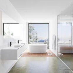 Badkamermeubelset Mondiaz LAGOM 200 Cm Dubbele Wastafel Solid Surface Met 2 Kraangaten Mat Zwart (2 Laden) -Geberiter Meubels Geschaft badkamermeubel met solid surface wastafel model lagom side 00114