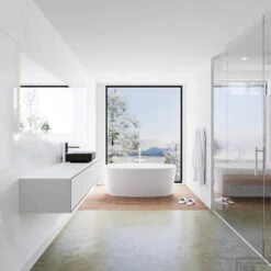 Badkamermeubelset Mondiaz LAGOM 160 Cm Topblad Met Rechtse Wastafel Solid Surface Opzetkom Binx Met 1 Kraangat Mat Zwart (2 Laden) -Geberiter Meubels Geschaft badkamermeubel met solid surface wastafel model lagom side 00195