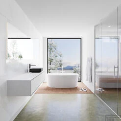 Badkamermeubelset Mondiaz LAGOM 170 Cm Topblad Met Rechtse Wastafel Solid Surface Opzetkom Binx Met 1 Kraangat Mat Zwart (2 Laden) -Geberiter Meubels Geschaft badkamermeubel met solid surface wastafel model lagom side 00201