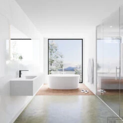 Badkamermeubelset Mondiaz LAGOM 150 Cm Linkse Waskom Solid Surface Met 1 Kraangat Mat Wit (2 Laden) -Geberiter Meubels Geschaft badkamermeubel met solid surface wastafel model lagom side white 00078