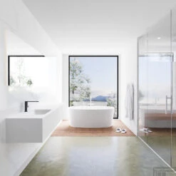 Badkamermeubelset Mondiaz LAGOM 190 Cm Linkse Waskom Solid Surface Met 1 Kraangat Mat Wit (2 Laden) -Geberiter Meubels Geschaft badkamermeubel met solid surface wastafel model lagom side white 00106