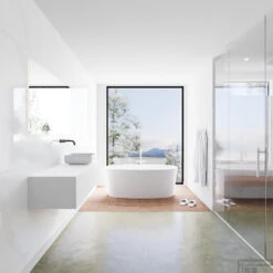 Badkamermeubelset Mondiaz LAGOM 130 Cm Met Topblad Rechtse Wastafel Solid Surface Opzetkom Binx Zonder Kraangaten Mat Wit (1 Lade) -Geberiter Meubels Geschaft badkamermeubel met solid surface wastafel model lagom side white 00161