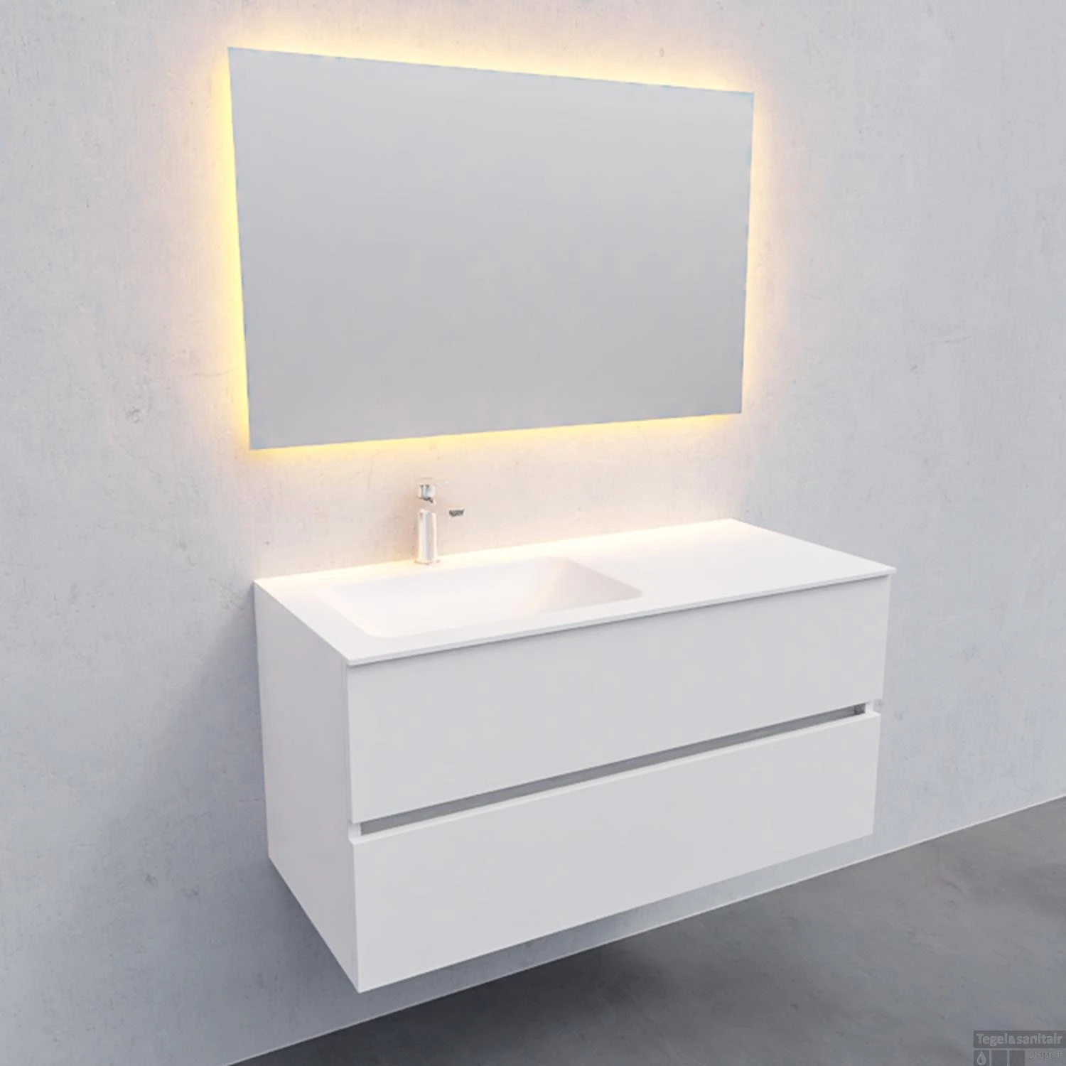 Badkamermeubel Solid Surface BWS Oslo 100x46 Cm Links Mat Wit (met 1 Kraangat) 5 Badkamermeubel Solid Surface BWS Oslo 100x46 Cm Links Mat Wit (met 1 Kraangat) - Afbeelding 3