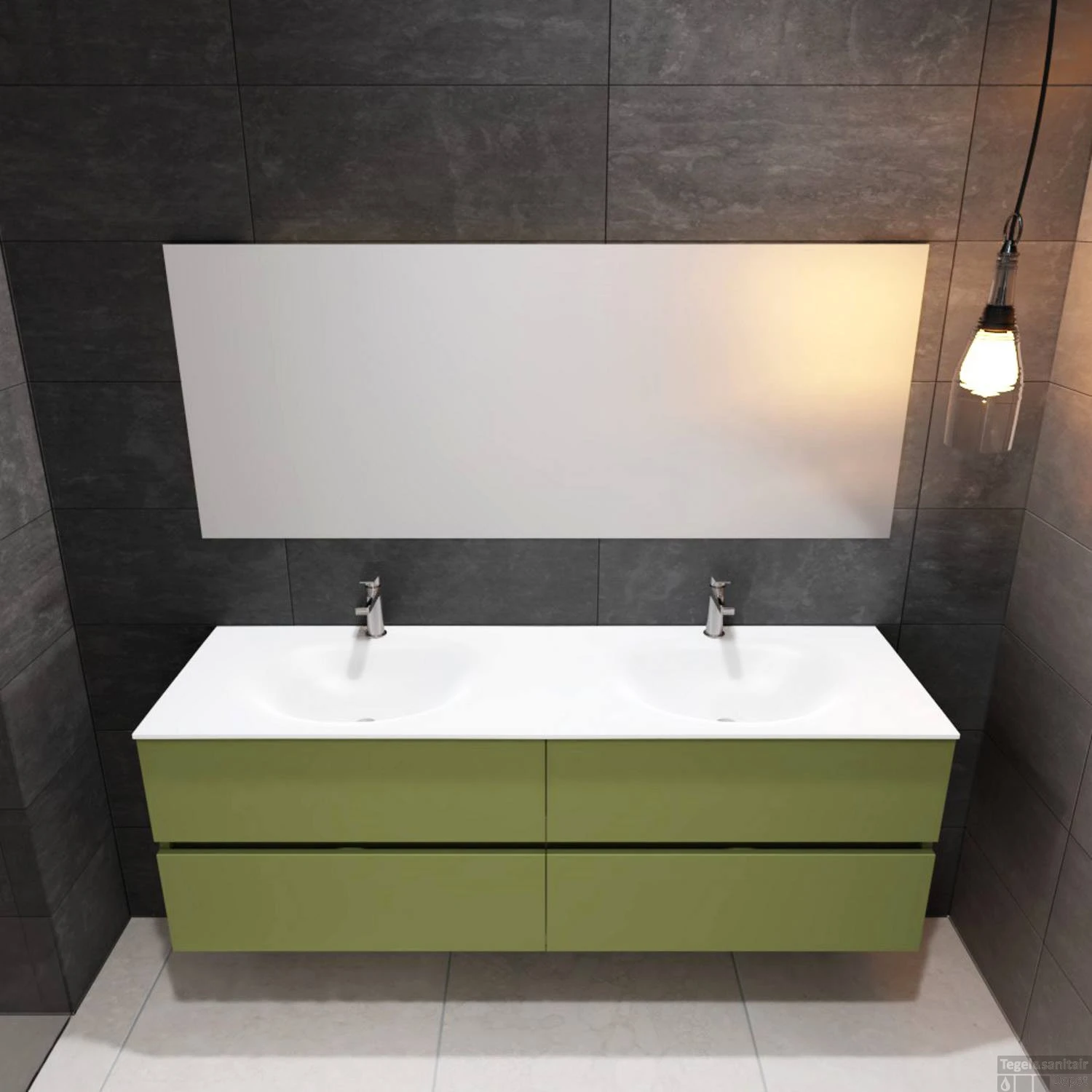 Badkamermeubel Solid Surface BWS Stockholm 150x46 Cm Dubbel Mat Groen 4 Laden (met 2 Kraangaten) - Afbeelding 2