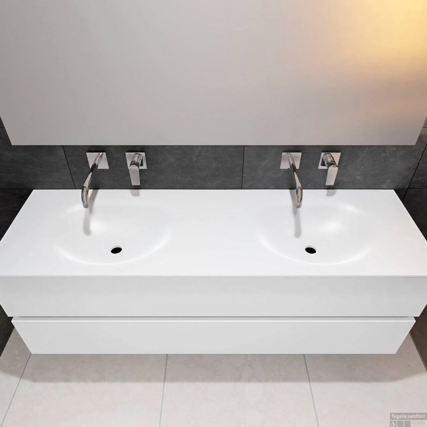 Badkamermeubel Solid Surface BWS Stockholm 150x46 Cm Dubbel Mat Wit (zonder Kraangaten) - Afbeelding 4