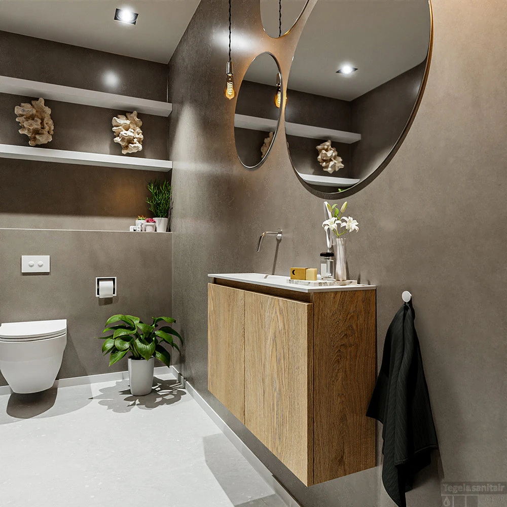 MONDIAZ TURE 80cm Toiletmeubel Washed Oak. EDEN Wastafel Talc Links Geen Kraangat 4 MONDIAZ TURE 80cm Toiletmeubel Washed Oak. EDEN Wastafel Talc Links Geen Kraangat - Afbeelding 2