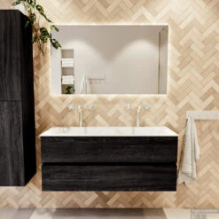 MONDIAZ VICA 120cm Badmeubel Onderkast Antracite 2 Lades. Wastafel CLOUD Dubbel 2 Kraangaten, Kleur Talc Met Spiegel LED. -Geberiter Meubels Geschaft badkamermeubel vica antracite cloud talc set1 0025