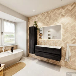 MONDIAZ VICA 120cm Badmeubel Onderkast Antracite 2 Lades. Wastafel CLOUD Dubbel 2 Kraangaten, Kleur Talc Met Spiegel LED. -Geberiter Meubels Geschaft badkamermeubel vica antracite cloud talc set4 0025