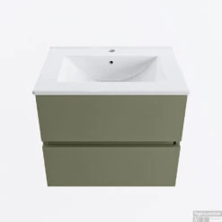 MONDIAZ VICA 60cm Badmeubel Onderkast Army 2 Lades. Wastafel DENIA Midden 1 Kraangat, Kleur Glanzend Wit.