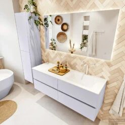 MONDIAZ VICA 140cm Badmeubel Onderkast Cale 4 Lades. Wastafel CLOUD Rechts 1 Kraangat, Kleur Talc. -Geberiter Meubels Geschaft badkamermeubel vica cale cloud talc set2 0067