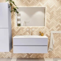 MONDIAZ VICA 110cm Badmeubel Onderkast Cale 2 Lades. Wastafel MOON Midden 1 Kraangat, Kleur Talc. -Geberiter Meubels Geschaft badkamermeubel vica cale moon talc set1 0016