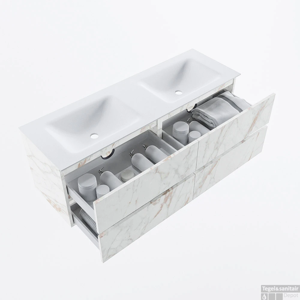 MONDIAZ VICA 140cm Badmeubel Onderkast Carrara 4 Lades. Wastafel CLOUD Dubbel 2 Kraangaten, Kleur Talc. 4 MONDIAZ VICA 140cm Badmeubel Onderkast Carrara 4 Lades. Wastafel CLOUD Dubbel 2 Kraangaten, Kleur Talc. - Afbeelding 2