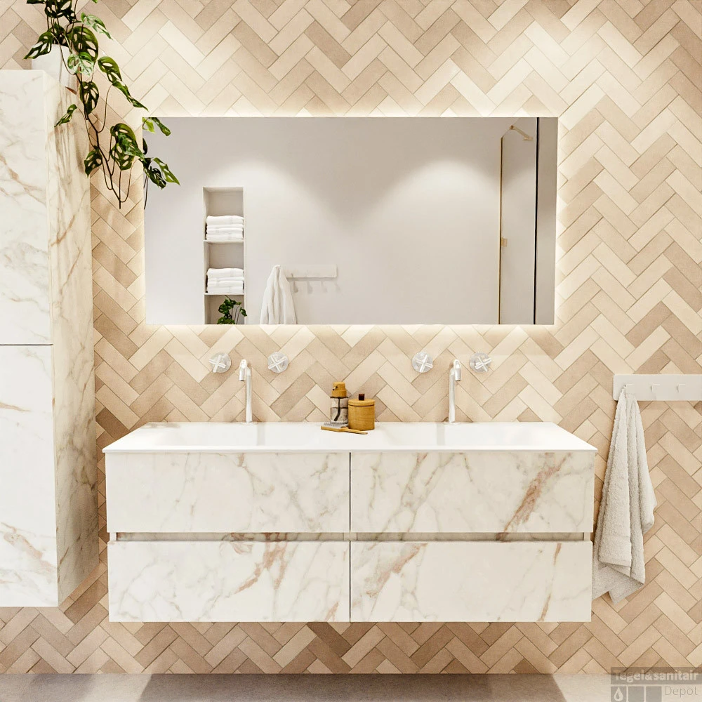 MONDIAZ VICA 140cm Badmeubel Onderkast Carrara 4 Lades. Wastafel CLOUD Dubbel 2 Kraangaten, Kleur Talc. 7 MONDIAZ VICA 140cm Badmeubel Onderkast Carrara 4 Lades. Wastafel CLOUD Dubbel 2 Kraangaten, Kleur Talc. - Afbeelding 5