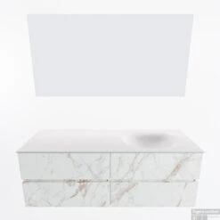 MONDIAZ VICA 140cm Badmeubel Onderkast Carrara 4 Lades. Wastafel Moon Rechts Zonder Kraangat, Kleur Talc Met Spiegel LED. -Geberiter Meubels Geschaft badkamermeubel vica carrara moon talc google11 0070