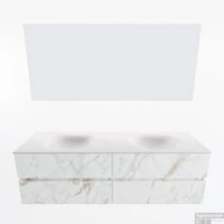 MONDIAZ VICA 160cm Badmeubel Onderkast Carrara 4 Lades. Wastafel Moon Dubbel Zonder Kraangat, Kleur Talc Met Spiegel LED. -Geberiter Meubels Geschaft badkamermeubel vica carrara moon talc google11 0083