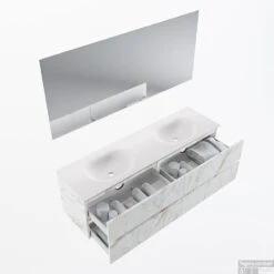 MONDIAZ VICA 160cm Badmeubel Onderkast Carrara 4 Lades. Wastafel Moon Dubbel Zonder Kraangat, Kleur Talc Met Spiegel LED. -Geberiter Meubels Geschaft badkamermeubel vica carrara moon talc google13 0083