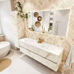 MONDIAZ VICA 160cm Badmeubel Onderkast Carrara 4 Lades. Wastafel Moon Dubbel Zonder Kraangat, Kleur Talc Met Spiegel LED. -Geberiter Meubels Geschaft badkamermeubel vica carrara moon talc set2 0083