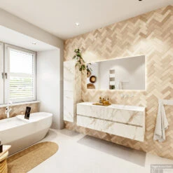 MONDIAZ VICA 140cm Badmeubel Onderkast Carrara 4 Lades. Wastafel Moon Rechts Zonder Kraangat, Kleur Talc Met Spiegel LED. -Geberiter Meubels Geschaft badkamermeubel vica carrara moon talc set4 0070