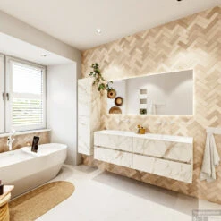 MONDIAZ VICA 160cm Badmeubel Onderkast Carrara 4 Lades. Wastafel Moon Dubbel Zonder Kraangat, Kleur Talc Met Spiegel LED. -Geberiter Meubels Geschaft badkamermeubel vica carrara moon talc set4 0083