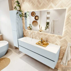 MONDIAZ VICA 150cm Badmeubel Onderkast Clay 2 Lades. Wastafel CLOUD Links 1 Kraangat, Kleur Talc. 11 MONDIAZ VICA 150cm Badmeubel Onderkast Clay 2 Lades. Wastafel CLOUD Links 1 Kraangat, Kleur Talc. -Geberiter Meubels Geschaft badkamermeubel vica clay cloud talc set2 0047