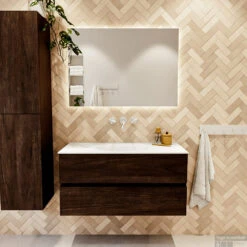 MONDIAZ VICA 100cm Badmeubel Onderkast Dark Brown 2 Lades. Wastafel MOON Midden Zonder Kraangat, Kleur Talc. -Geberiter Meubels Geschaft badkamermeubel vica dark brown moon talc set1 0013