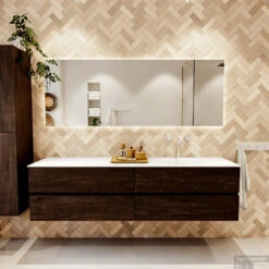 MONDIAZ VICA 190cm Badmeubel Onderkast Dark Brown 4 Lades. Wastafel MOON Rechts 1 Kraangat, Kleur Talc. -Geberiter Meubels Geschaft badkamermeubel vica dark brown moon talc set1 0097