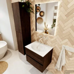 MONDIAZ VICA 60cm Badmeubel Onderkast Dark Brown 2 Lades. Wastafel Moon Midden Zonder Kraangat, Kleur Talc Met Spiegel LED. -Geberiter Meubels Geschaft badkamermeubel vica dark brown moon talc set2 0003