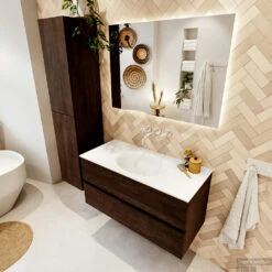 MONDIAZ VICA 100cm Badmeubel Onderkast Dark Brown 2 Lades. Wastafel MOON Midden Zonder Kraangat, Kleur Talc. -Geberiter Meubels Geschaft badkamermeubel vica dark brown moon talc set2 0013